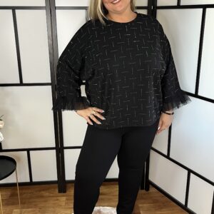 Apró köves, fodros ujjú extra méretű felső fekete színben