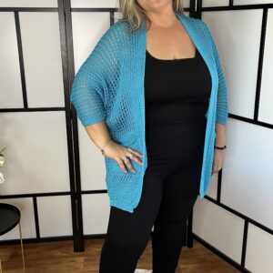 Horgolt, denevér ujjú kardigán égkék színben