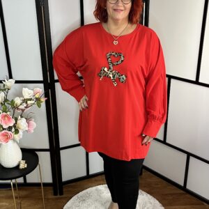 Pamut tunika, elején párduc és gyöngy díszítésű masni mintával piros színben