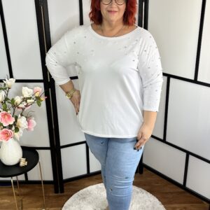 Fantasztikusan csinos pamut anyagú fehér felső gyöngyökkel és kövekkel díszítve