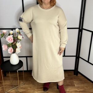 Egyenes fazonú, pamut maxi ruha oldalt slicceléssel bézs színben