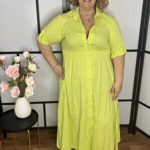 Lime színű pöttyös, végig gombos vászon ruha
