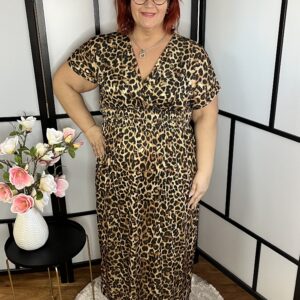 Átlapolt jégselyem ruha párduc mintával - barna