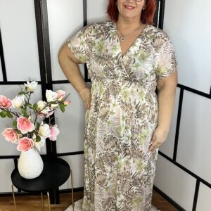 Átlapolt jégselyem ruha leveles mintával - zöld-bézs (3)