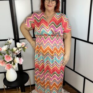 Átlapolt jégselyem ruha cikkcakkos mintával - pink-narancs (3)