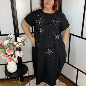 Kövekkel díszített zsebes hagyma vászonruha fekete színben