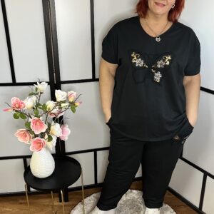 V kivágású extra minőségű pamut felső flitteres pillangó mintával fekete színben