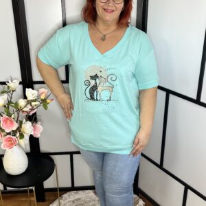 Pamut, V nyakú, alul passzés, cicákkal díszített felső/póló menta színben