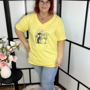 Pamut, V nyakú, alul passzés, cicákkal díszített felső/póló sárga színben