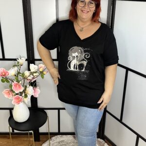 Pamut, V nyakú, alul passzés, cicákkal díszített felső/póló fekete színben