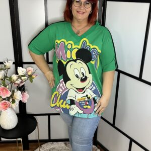 Pamut, V nyakú, vállán csíkos, Mickey egérrel díszített felső/póló zöld színben