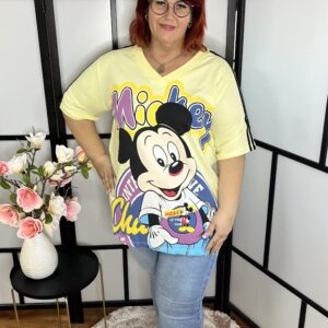 Pamut, V nyakú, vállán csíkos, Mickey egérrel díszített felső/póló sárga színben