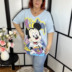 Pamut, V nyakú, vállán csíkos, Mickey egérrel díszített felső/póló felhőkék színben