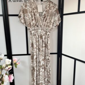 Átlapolt jégselyem ruha virágos mintával - bézs