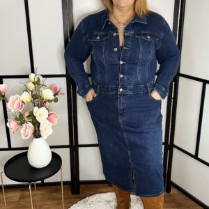 Rugalmas midi farmerruha elején felvágással