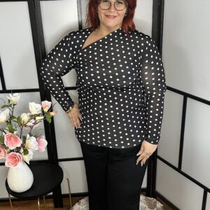 Rafinált nyakkivágású, összetartó anyagú pöttyös felső fekete színben