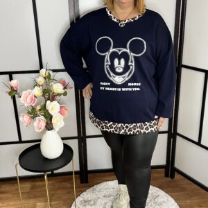 Mickey mintájú, állatmintás szegéllyel díszített felső sötétkék színben