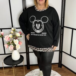 Mickey mintájú, állatmintás szegéllyel díszített felső fekete színben