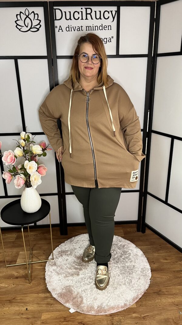Zipzáros trendi, zsebes, kapucnis kardigán cappuccino színben - Image 2