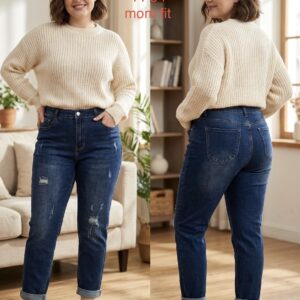 Mom fit fazonú, sötétkék szaggatott farmernadrág