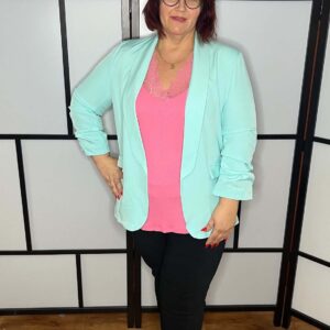 Közép méretű gomb nélküli, húzott ujjú blézer menta színben