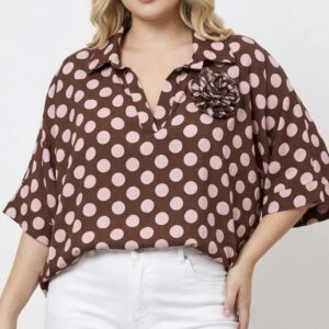 3D virágos, V nyakú, inggalléros pöttyös felső - csoki-púder